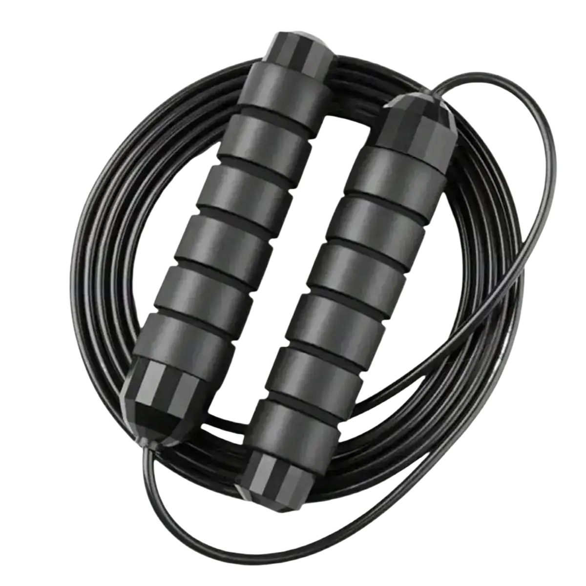 Black adjustable steel wire jump rope with textured segmented handles for durable fitness training