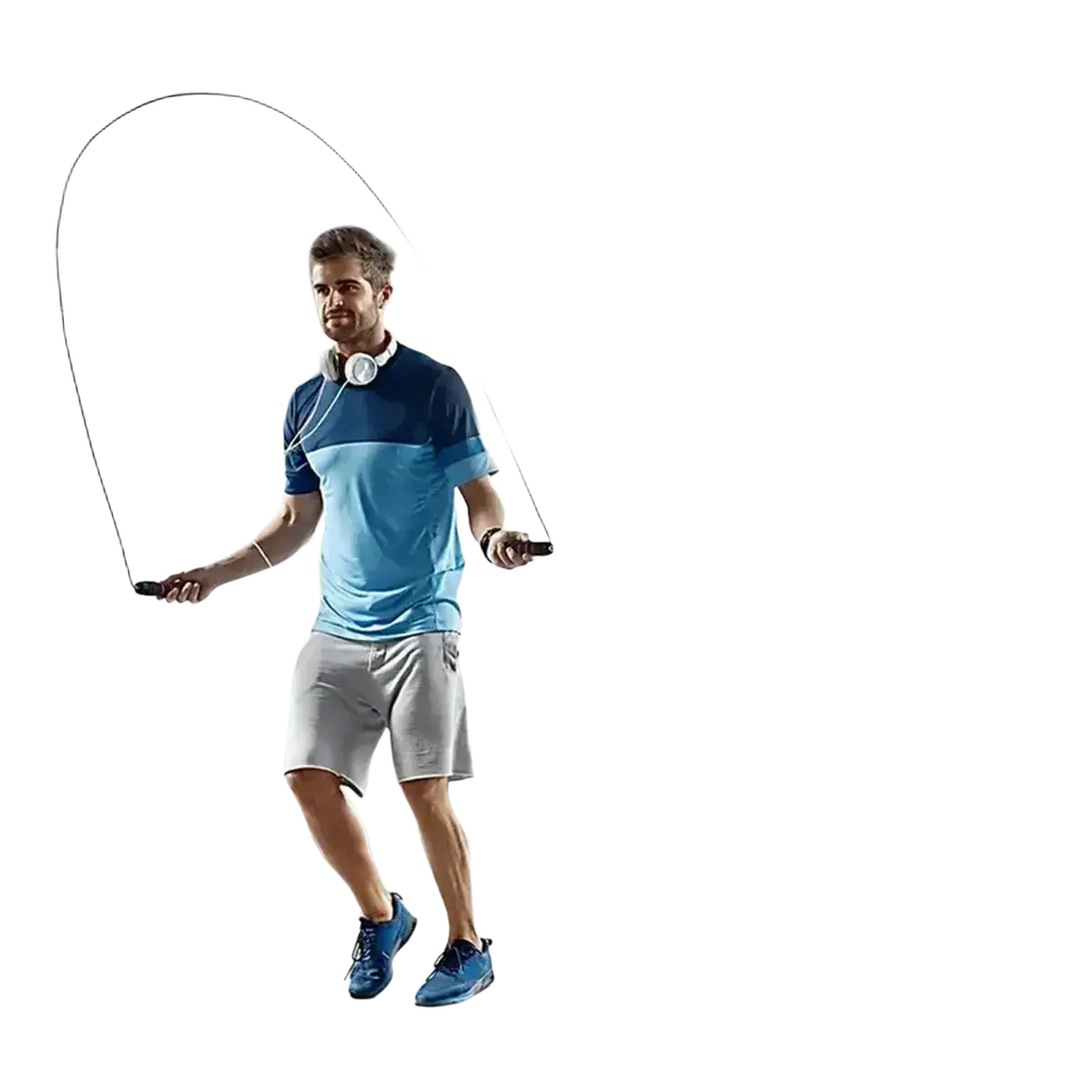 A man jumping rope with an adjustable steel wire jump rope black red wearing a blue athletic shirt and white headphones