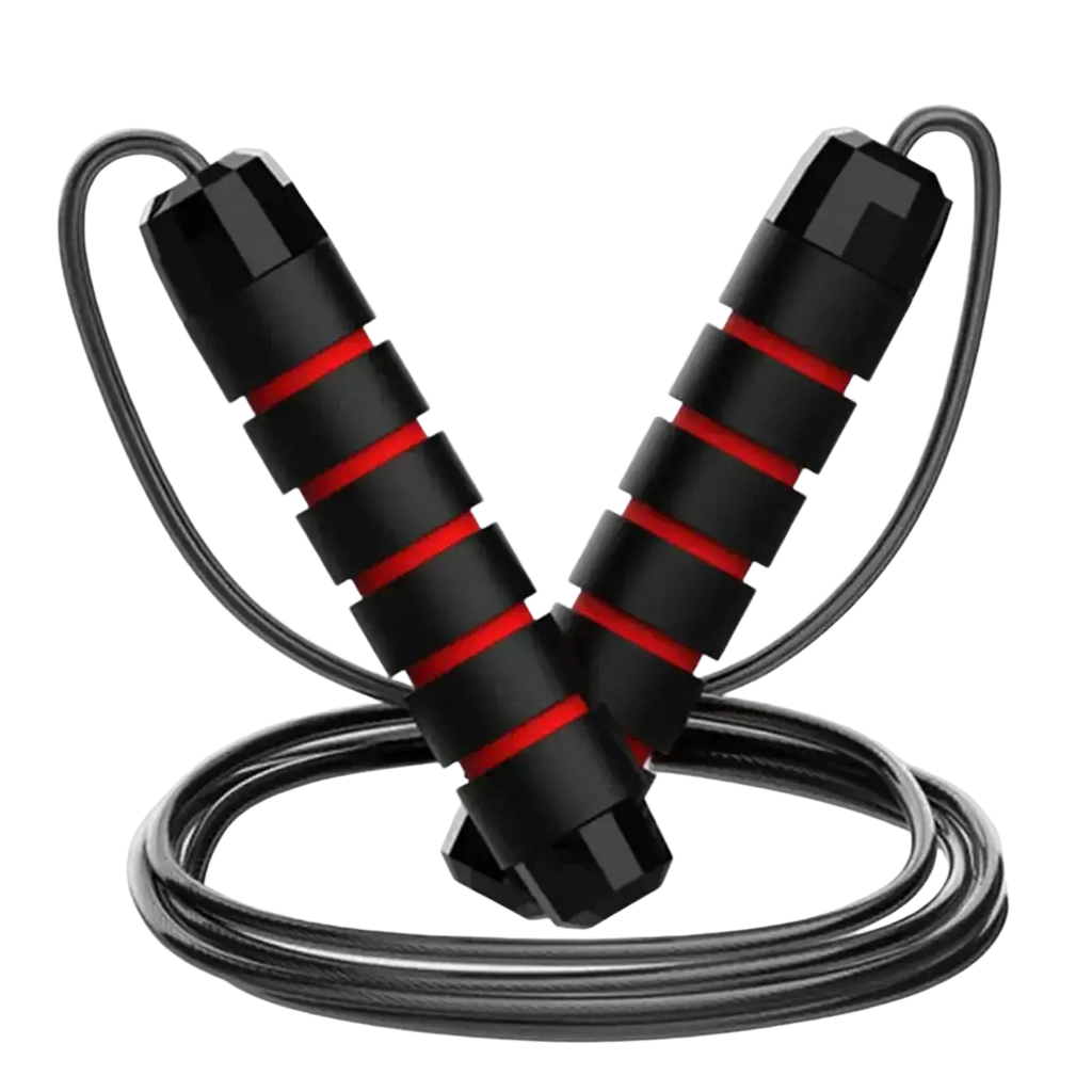 Adjustable steel wire jump rope in red and black with textured segmented handles for improved grip