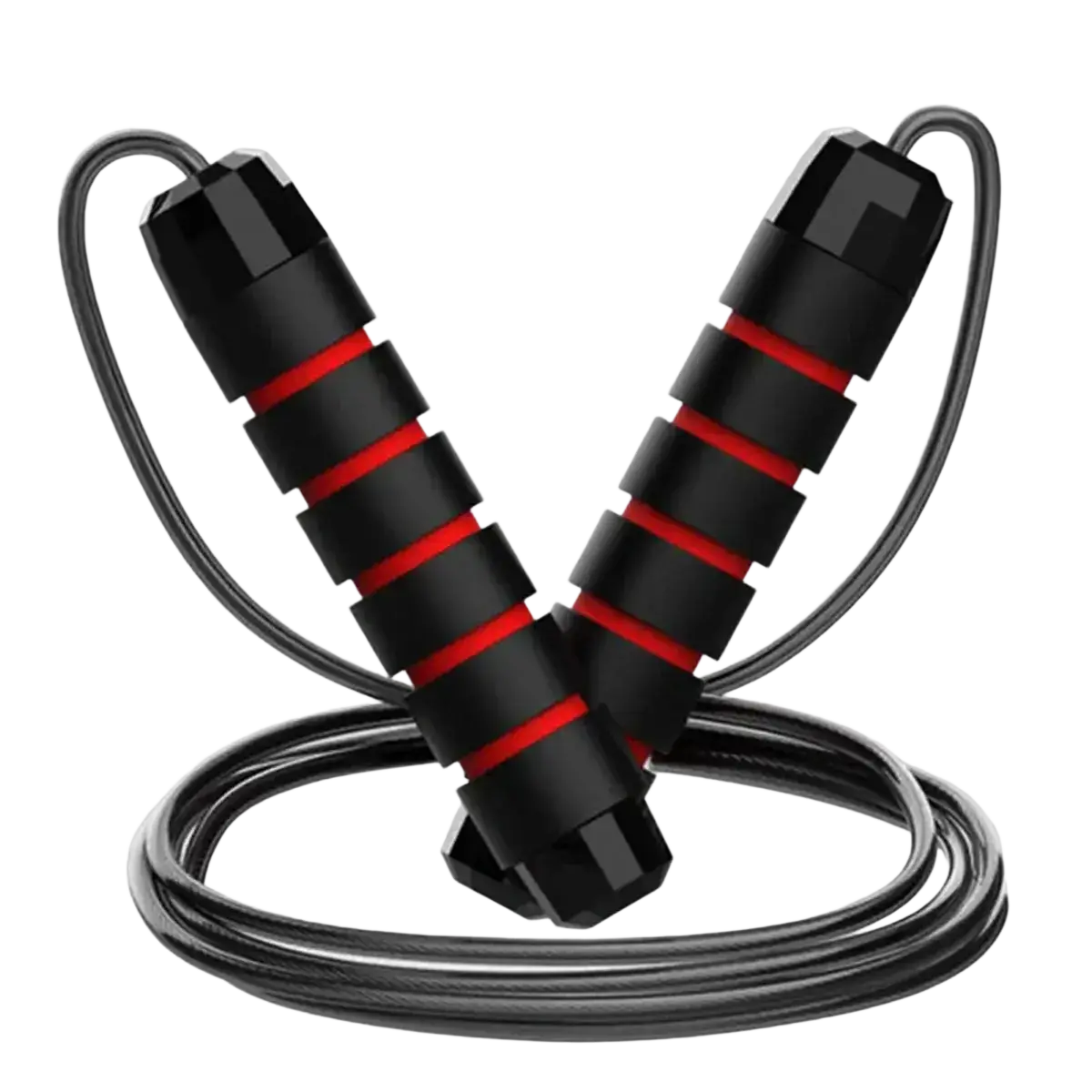 Adjustable steel wire jump rope in red and black with textured segmented handles for improved grip