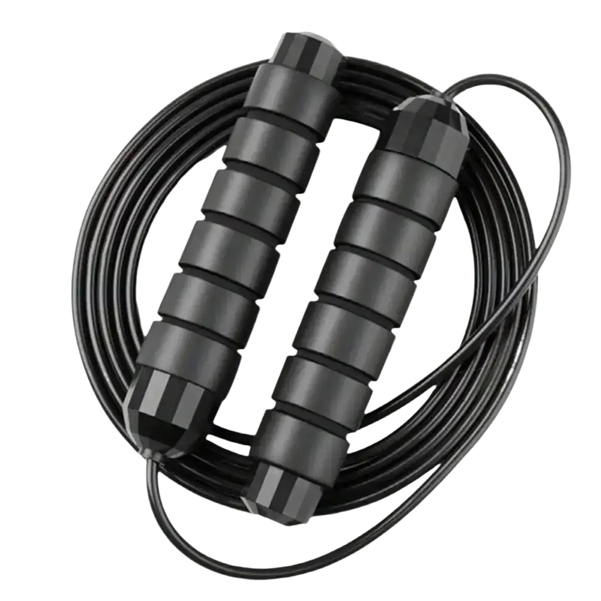 Adjustable steel wire jump rope with black textured segmented handles for comfortable grip and durability