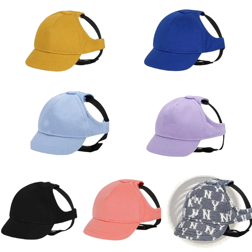 Adjustable sun proof pet hats in solid colors and ny pattern with ear holes and black adjustable straps for secure fit