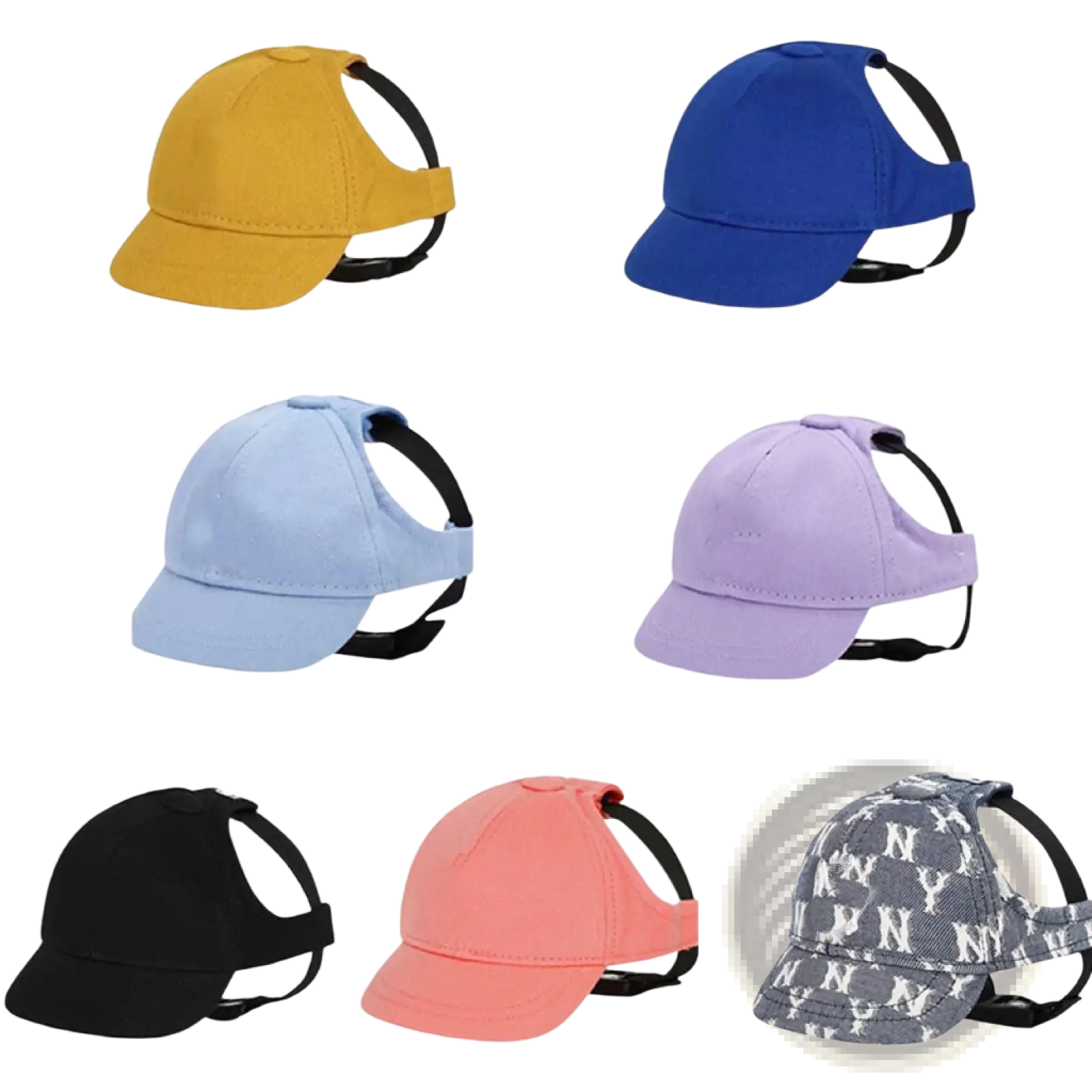 Adjustable sun proof pet hats in solid colors and ny pattern with ear holes and black adjustable straps for secure fit