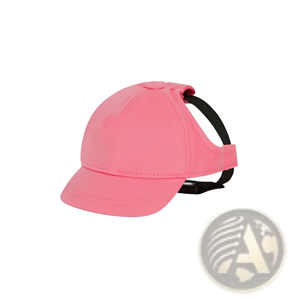 Pink fabric adjustable sun proof pet hat with ear holes and black adjustable strap shown from the back side