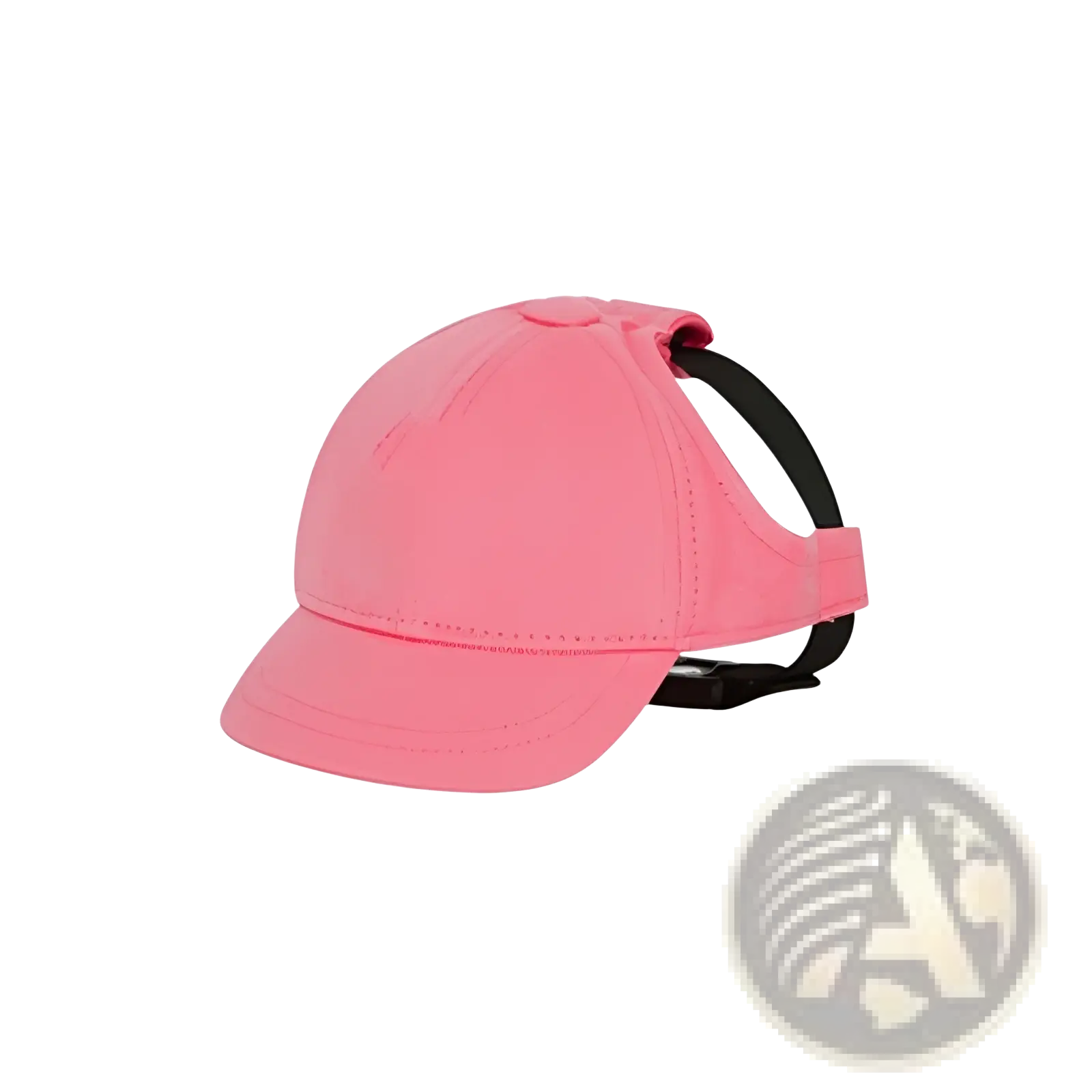 Pink fabric adjustable sun proof pet hat with ear holes and black adjustable strap shown from the back side