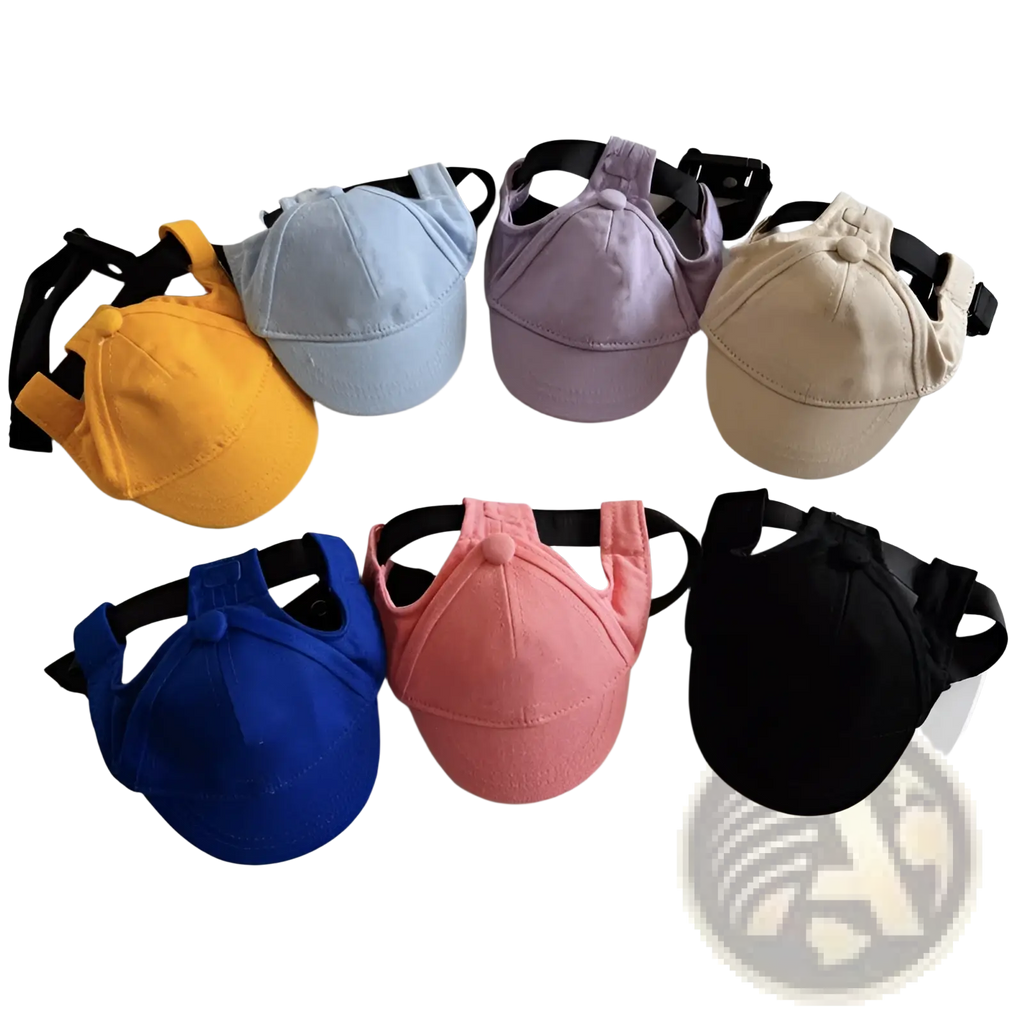 A set of six colorful adjustable sun proof pet hats with ear holes and black straps for secure fit