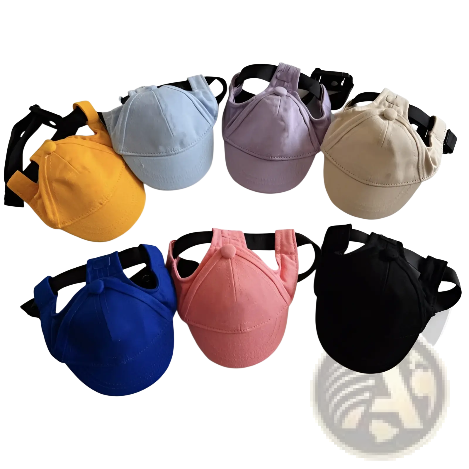 A set of six colorful adjustable sun proof pet hats with ear holes and black straps for secure fit