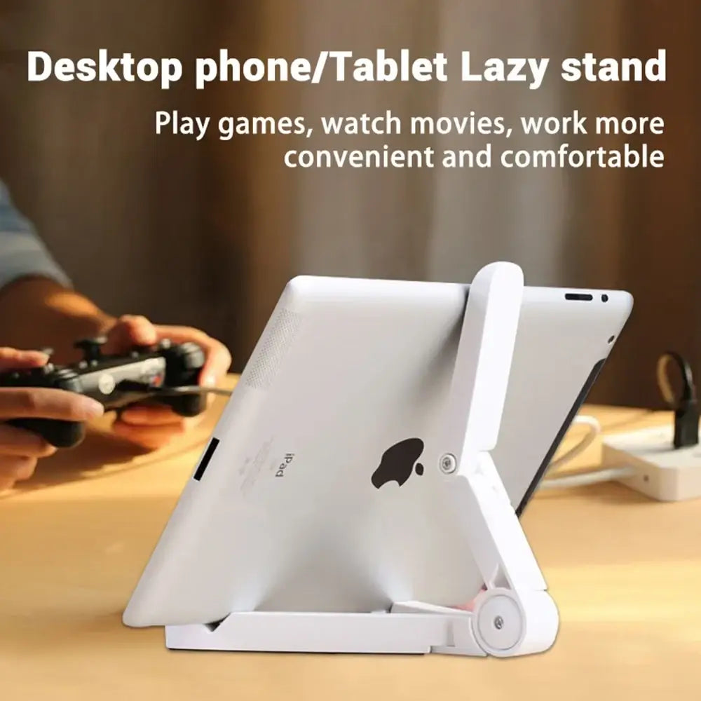 White plastic adjustable tablet stand foldable holder for phone on desk holding a white ipad in portrait orientation