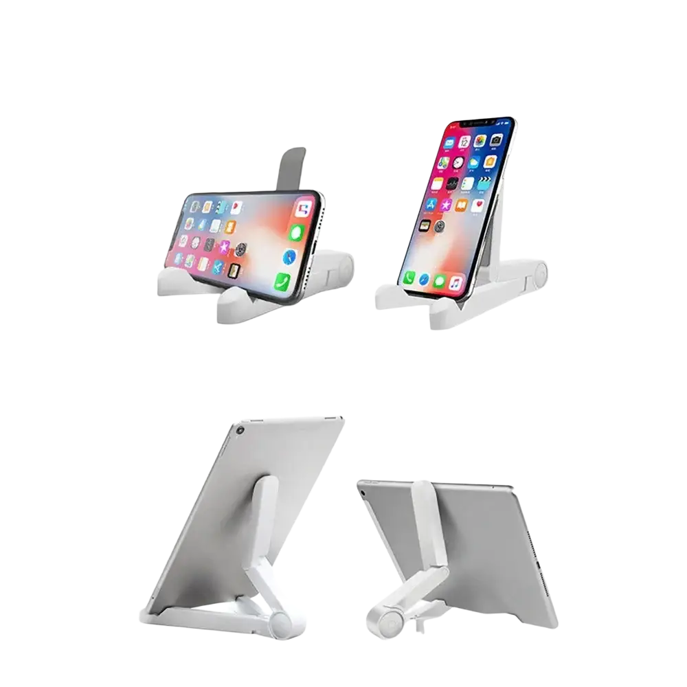 White plastic adjustable tablet stand with foldable design for phone and desk use