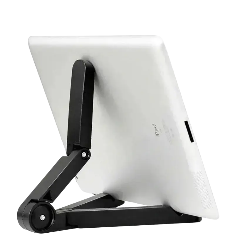 Black foldable adjustable stand holder for ipad air pro displaying a white ipad at an adjustable angle
