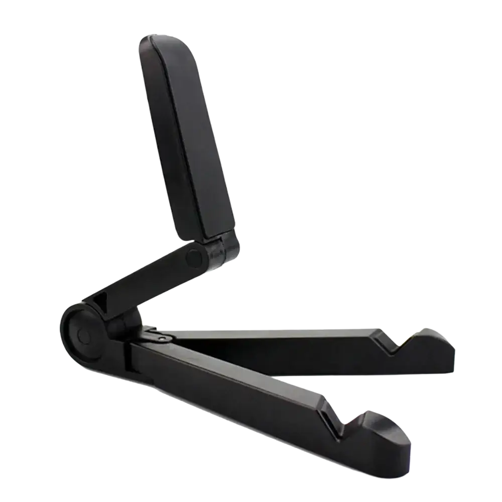 Black foldable adjustable tablet stand holder for ipad air pro with sleek minimalist design and smooth plastic finish