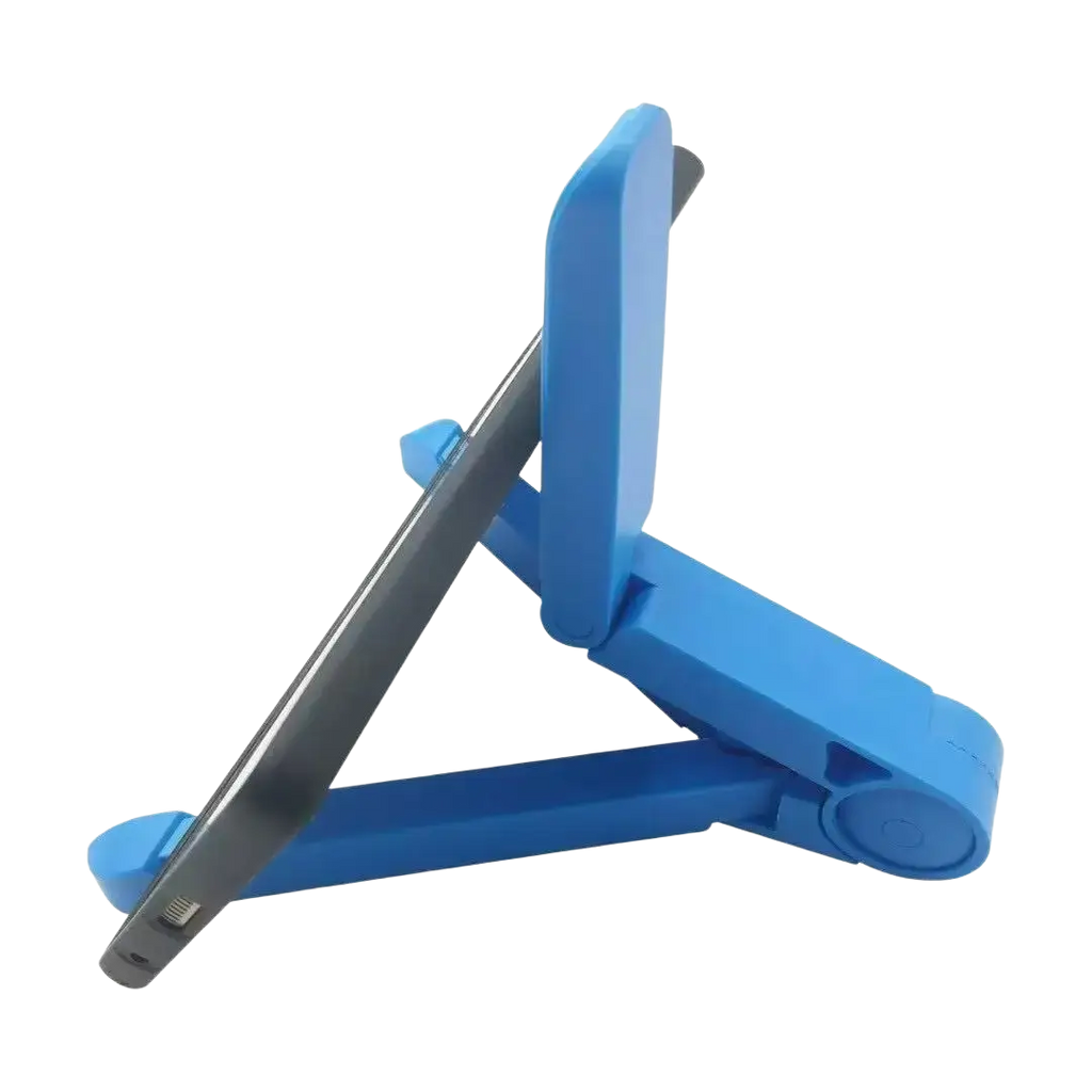 Blue plastic adjustable tablet stand holder showing adjustable angle and holding an ipad air pro smartphone