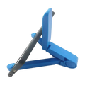 Blue plastic adjustable tablet stand holder showing adjustable angle and holding an ipad air pro smartphone