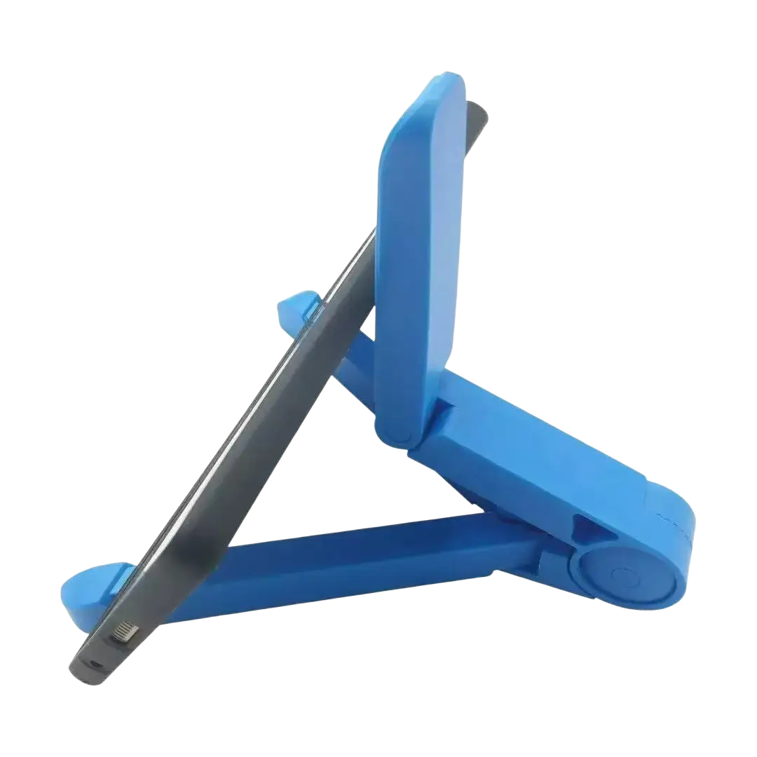 Blue plastic adjustable tablet stand holder showing adjustable angle and holding an ipad air pro smartphone
