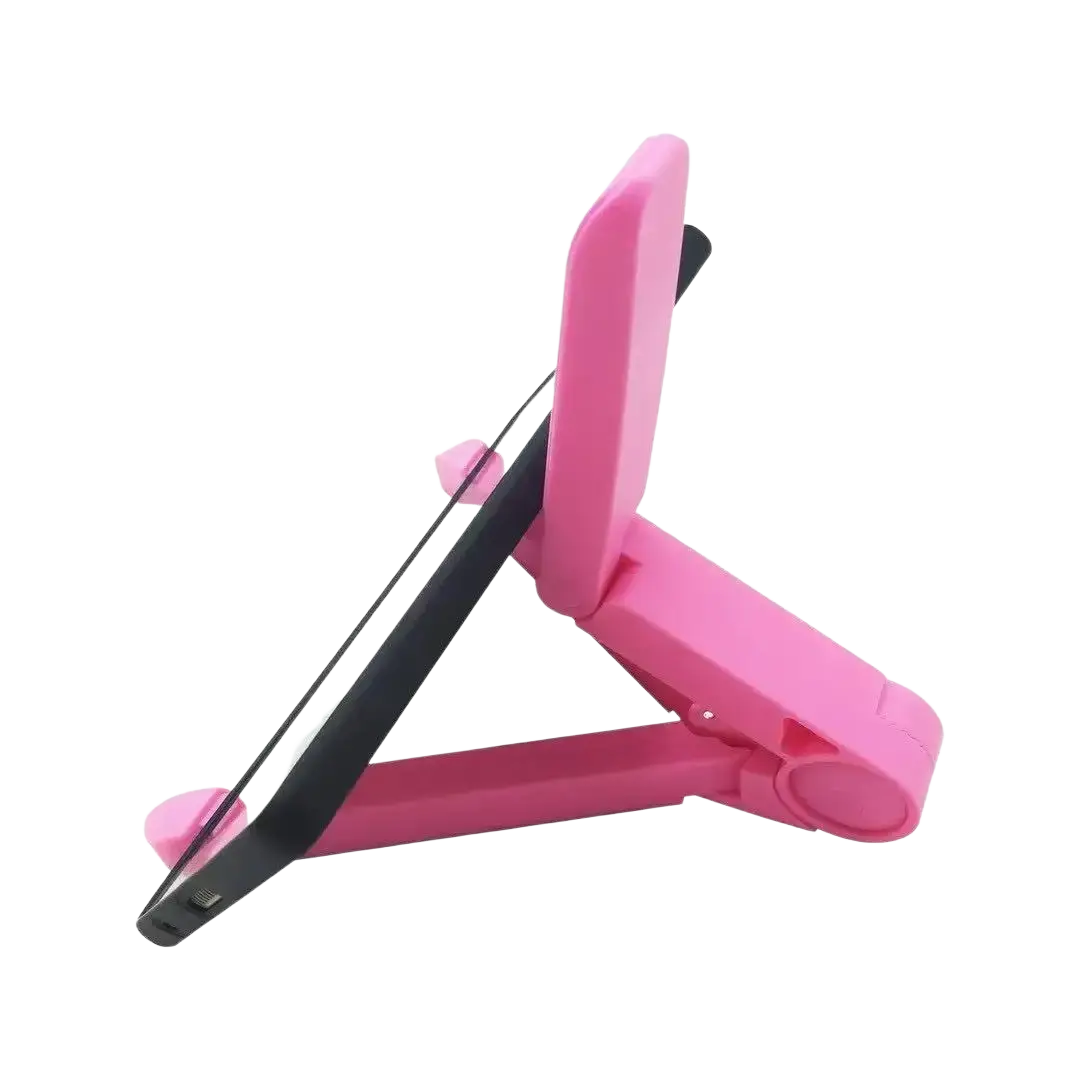 Pink plastic foldable stand holder with black accents holding a smartphone adjustable angle for ipad air pro use