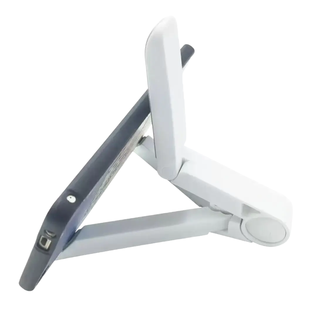 Adjustable white tablet stand holder with sleek plastic arms for ipad air pro featuring an adjustable angle design