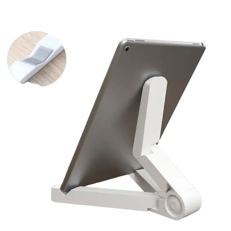 White plastic adjustable stand holder supporting a silver iPad Air Pro with foldable adjustable angle design