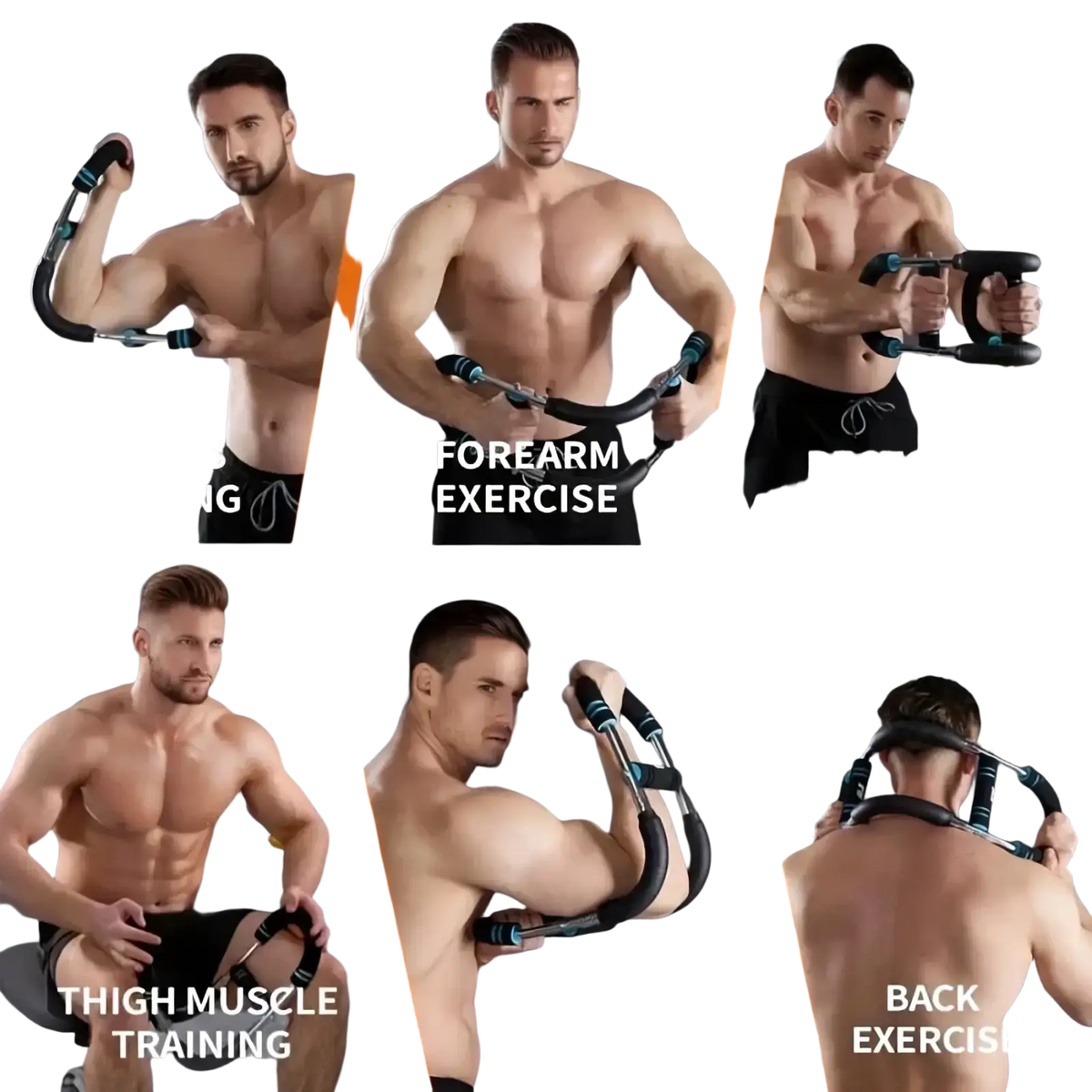 Black and teal adjustable twister arm and chest exerciser showing resistance band trainer on forearm and back side