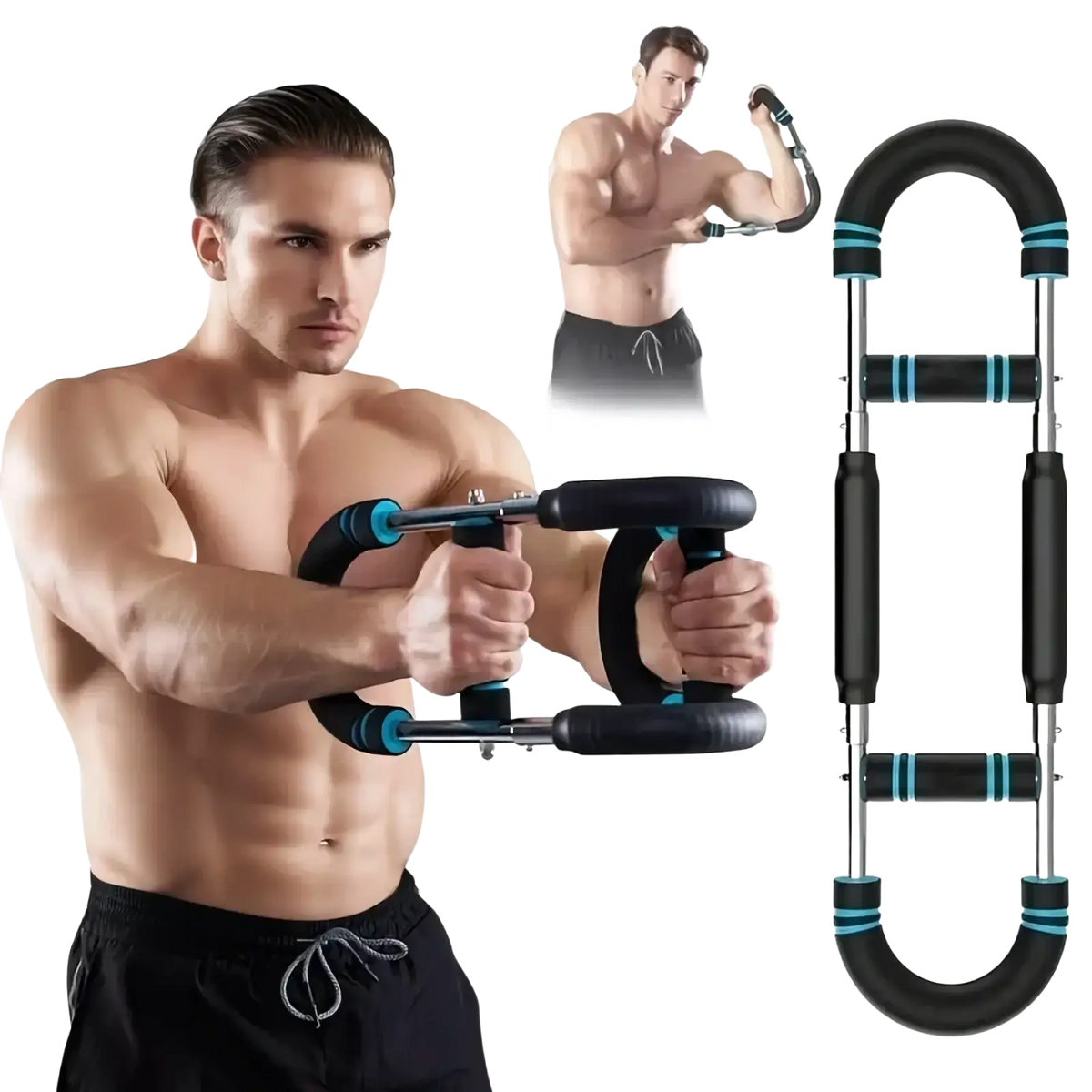 Adjustable twister arm and chest exerciser with black and teal padded handles and adjustable metal frame for resistance training