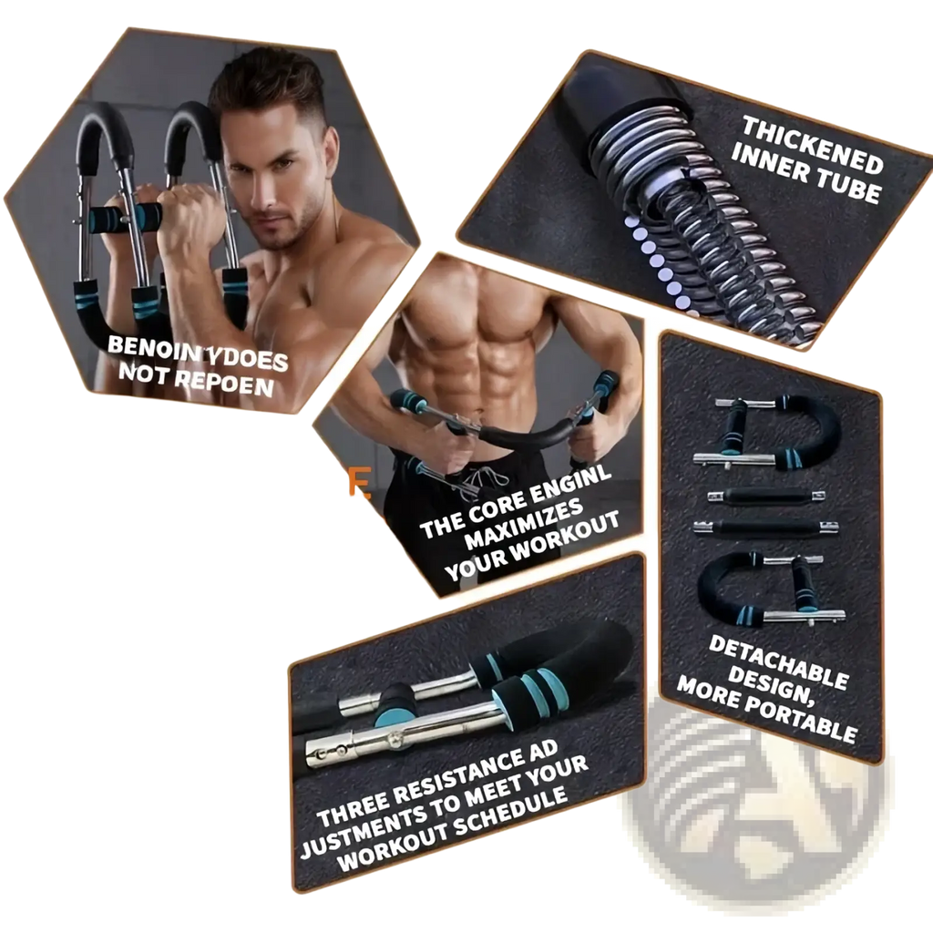 Adjustable twister arm and chest exerciser in black and teal with a detachable resistance arm twister design