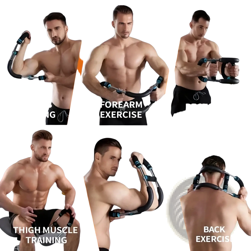 Adjustable twister arm and chest exerciser with black and teal resistance bands and handles for targeted muscle training