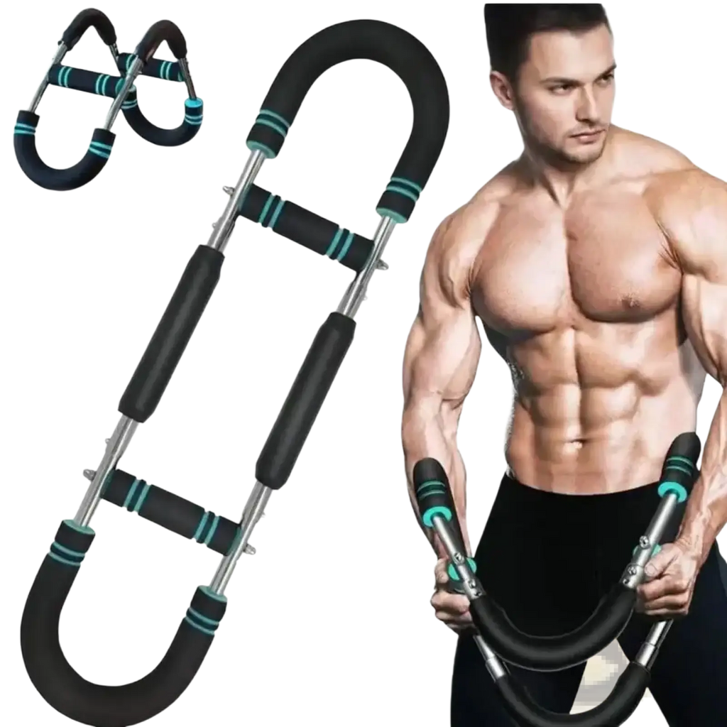 Adjustable twister arm and chest exerciser with black and teal u-shaped resistance bar and padded grips for strength training
