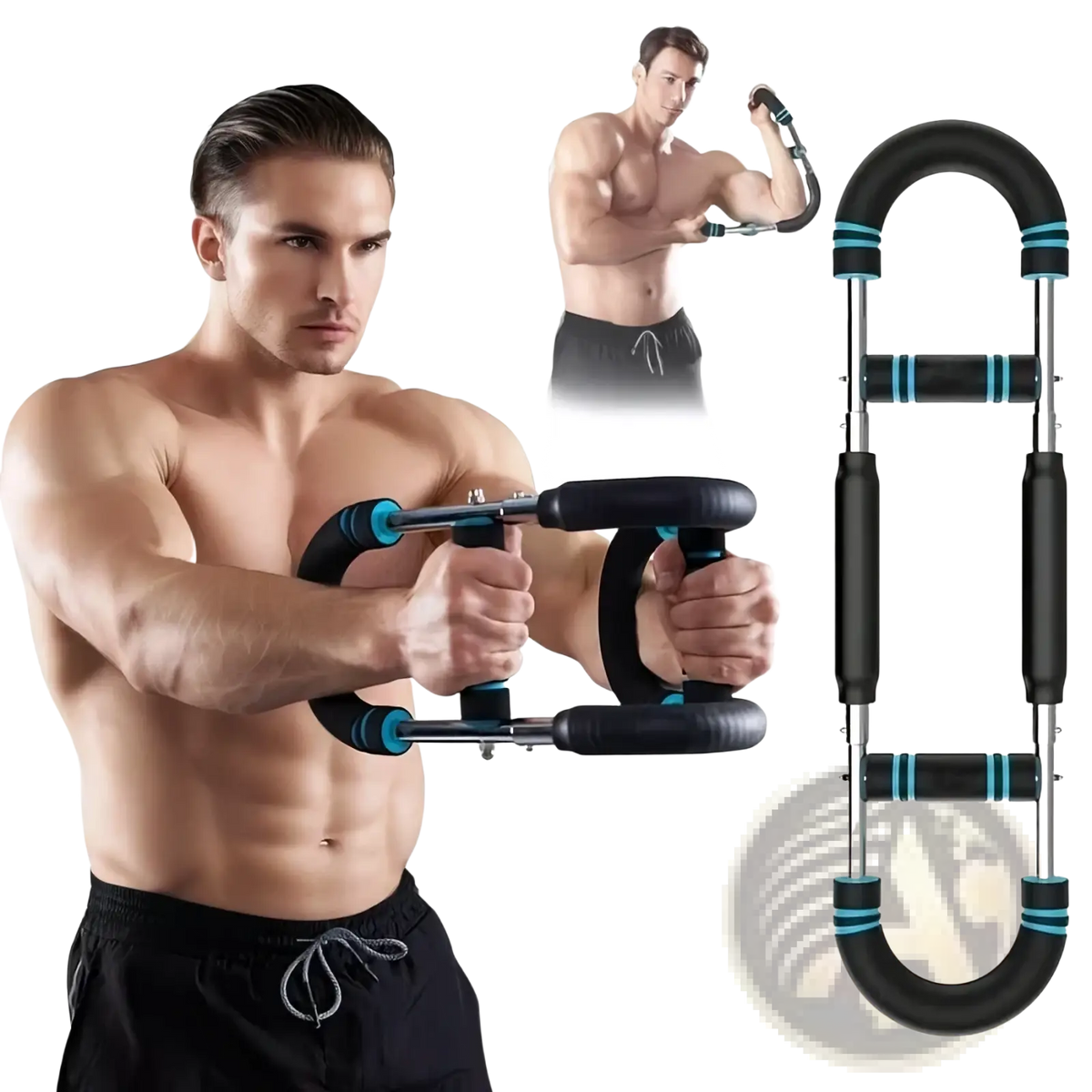 Adjustable twister arm and chest exerciser with black and teal accents designed for weight resistance training