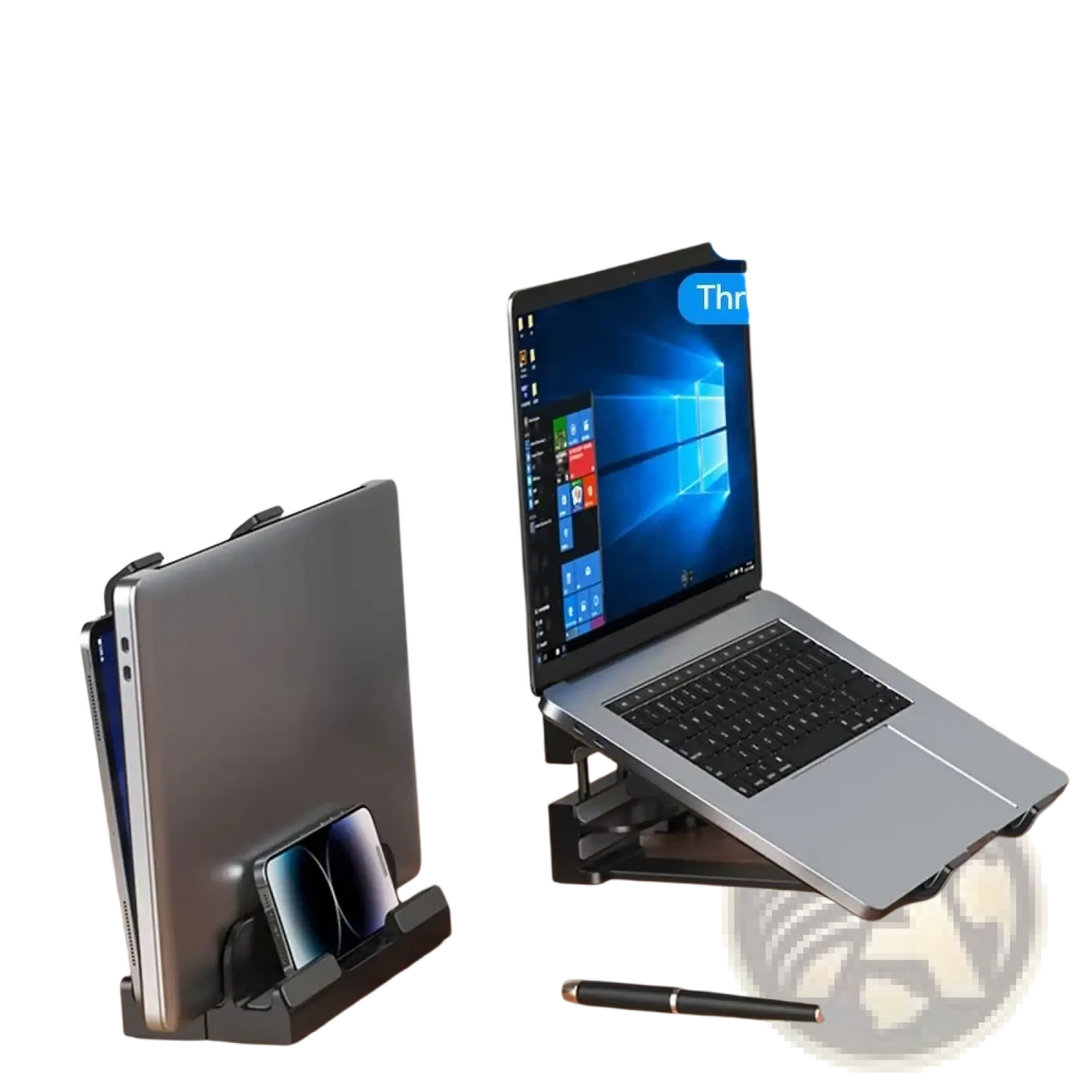 Black adjustable vertical laptop stand and holder with storage slots for tablets and smartphones in durable material