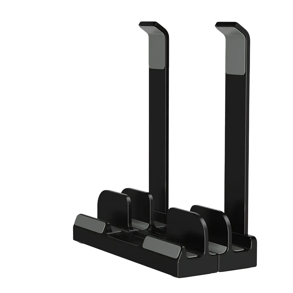 Adjustable vertical laptop stand and holder in black with dual-slot design and matte finish for sleek minimalist support