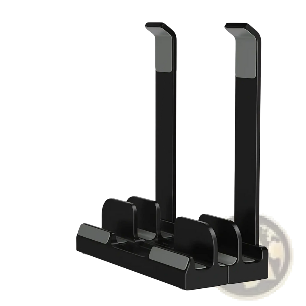 Adjustable vertical laptop stand and holder in black with dual-slot design and matte finish for sleek minimalist support