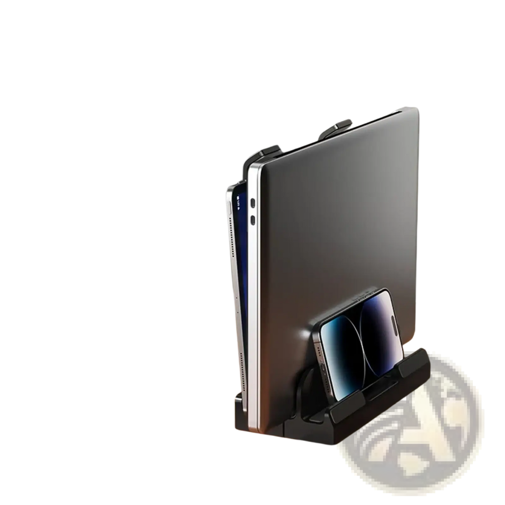 Black plastic adjustable vertical laptop stand with three slots holding a laptop and smartphone