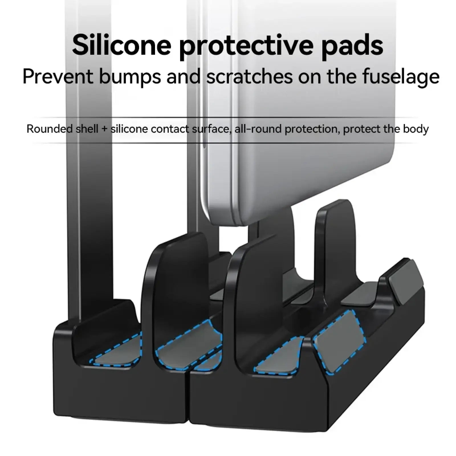 Black silicone protective pads with blue accent stitching on the back side of adjustable vertical laptop stand and holder
