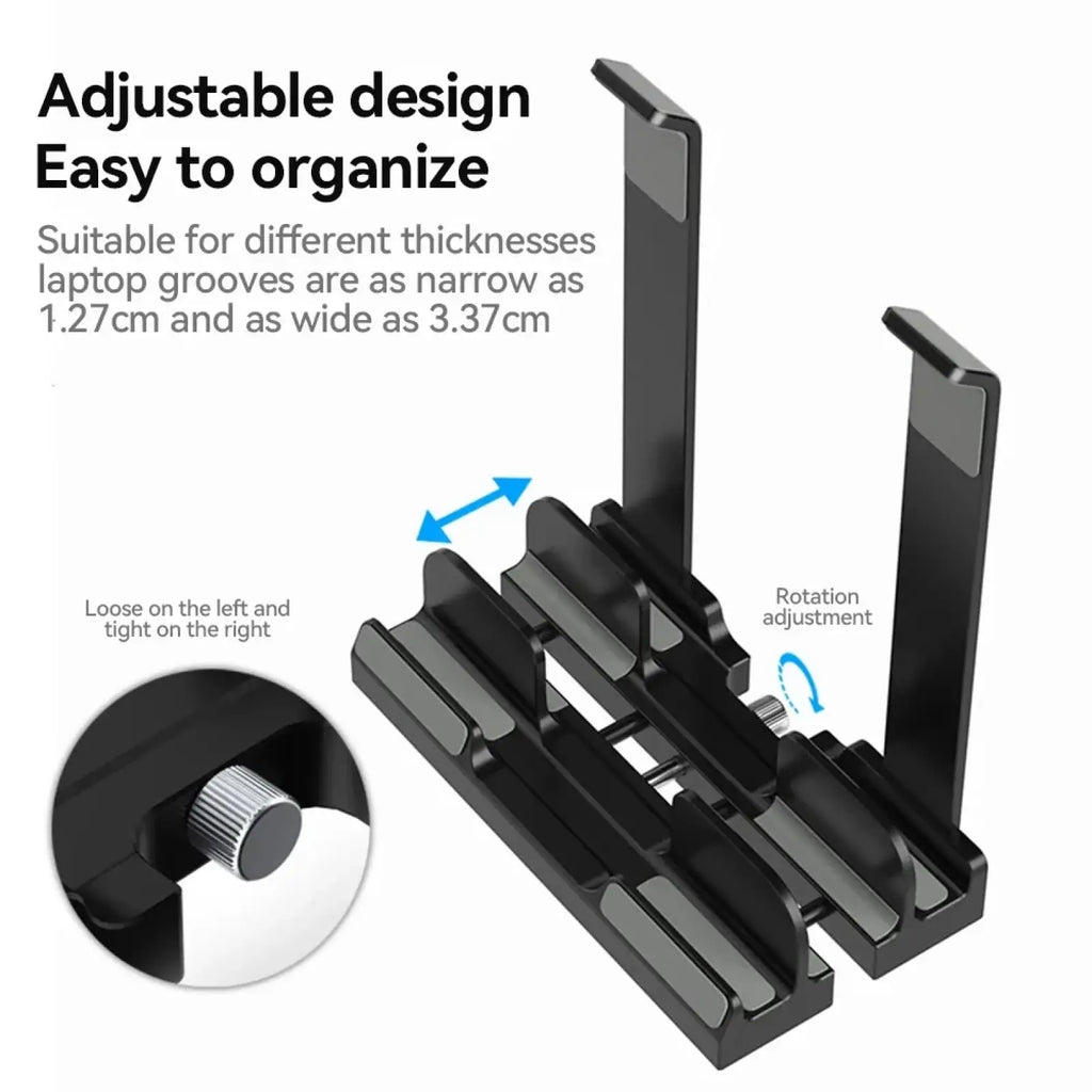 Adjustable vertical laptop stand and holder in black with sleek minimalist design and rotating mechanism for secure positioning