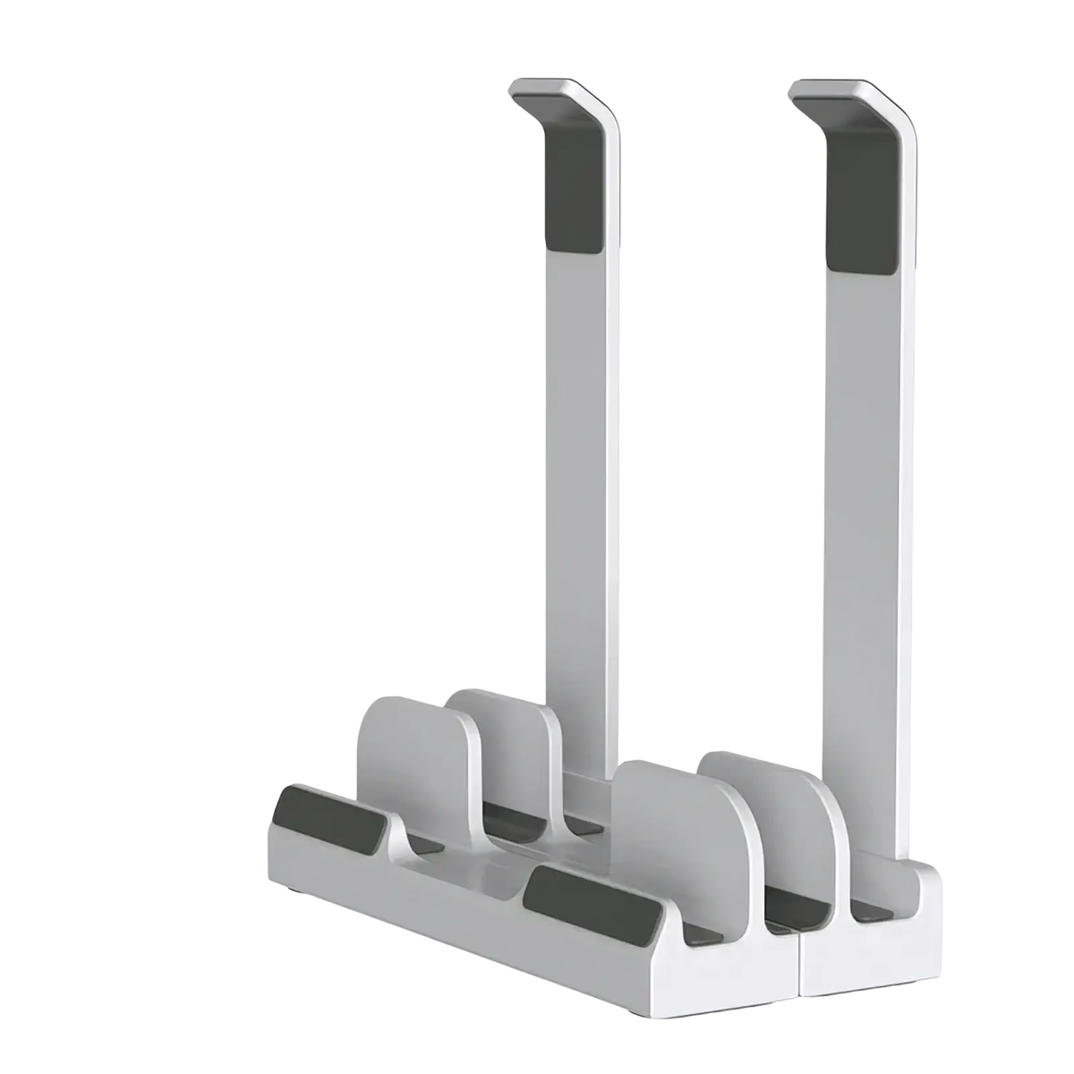 Adjustable vertical laptop stand and holder in white dual-slot design with sleek metallic finish and black rubber grip accents