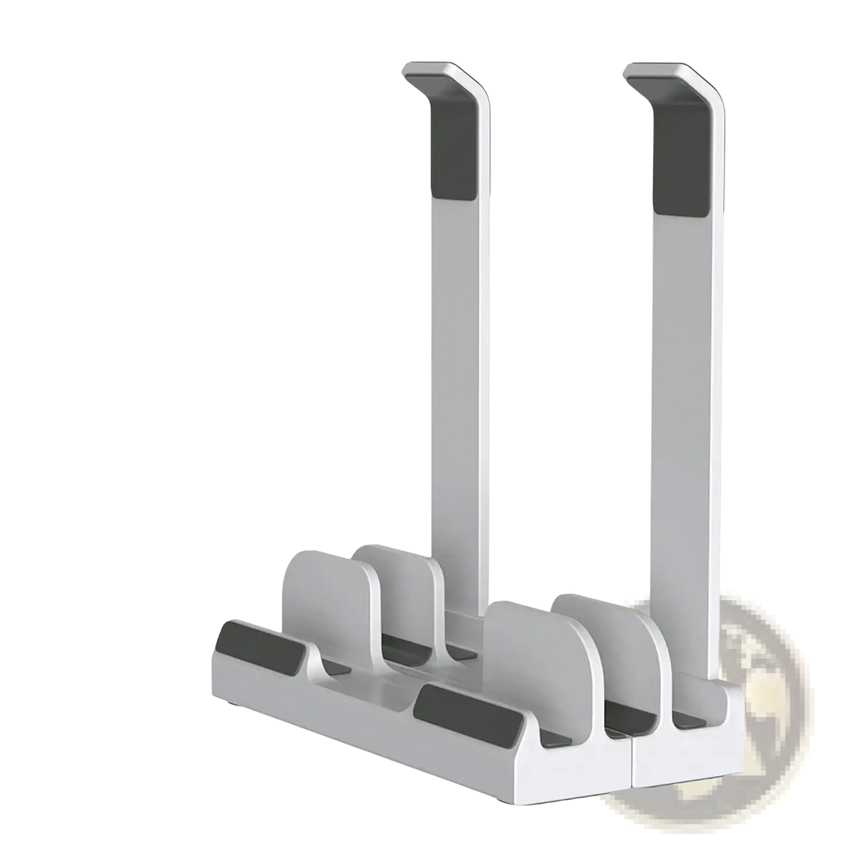 Adjustable vertical laptop stand and holder in white dual-slot design with sleek metallic finish and black rubber grip accents