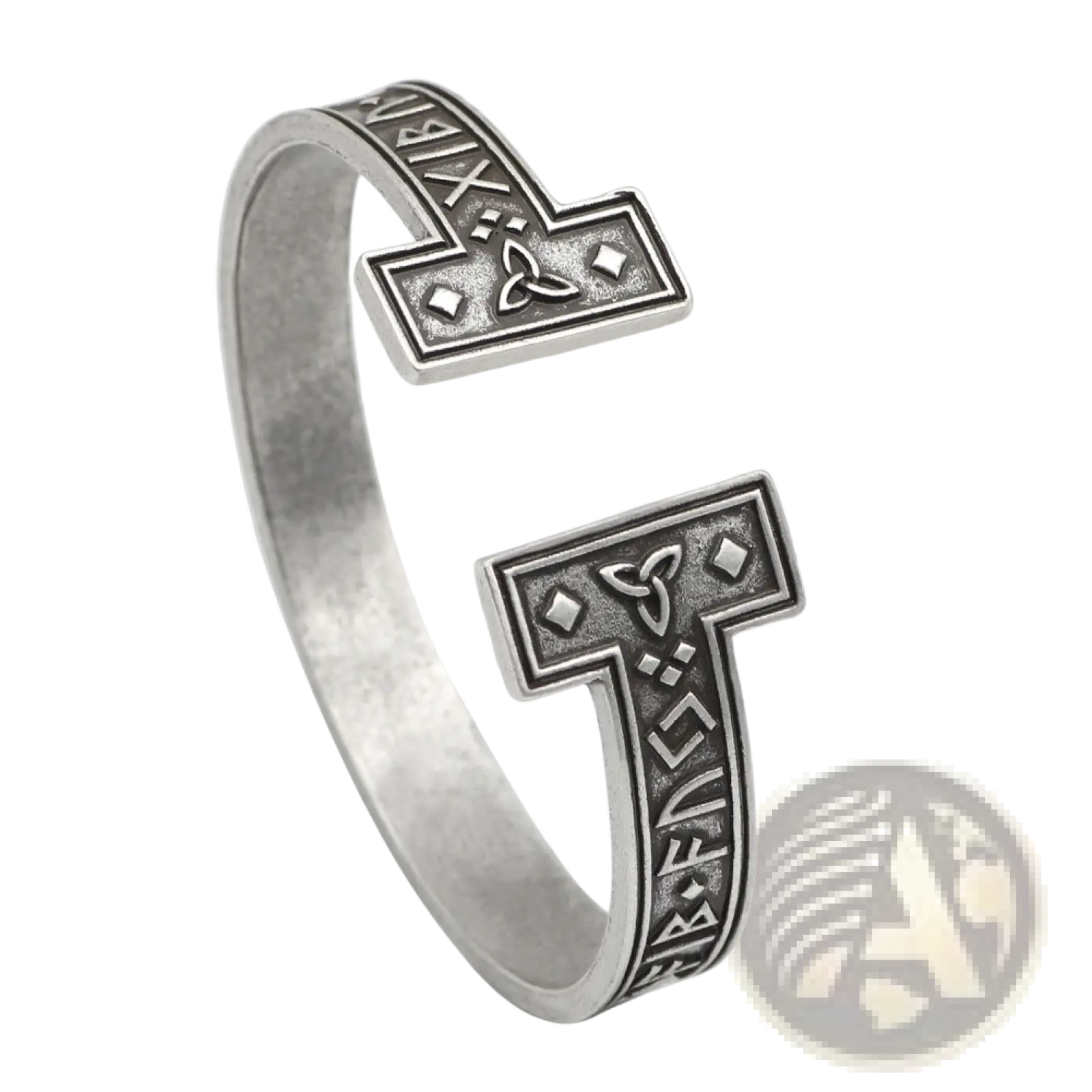Silver-colored adjustable viking rune titanium steel open cuff bracelet with intricate norse runes and celtic knot design