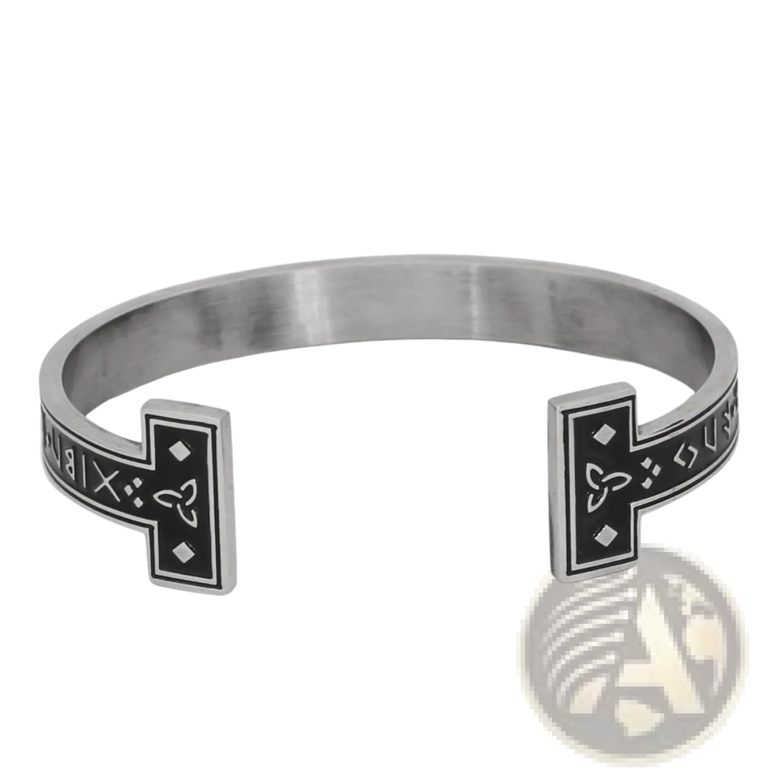 Adjustable viking rune titanium steel open cuff bracelet with silver tone and black inlaid celtic knot cross designs