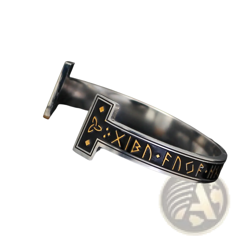 Adjustable Viking rune open cuff bracelet in titanium steel with silver finish black inlay and gold-colored Norse runes