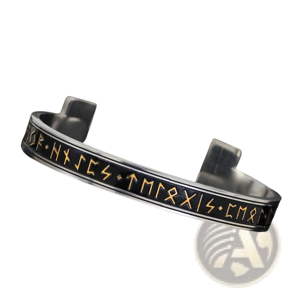 Adjustable viking rune titanium steel open cuff bracelet in silver metal with black inlay and gold-colored runic inscriptions