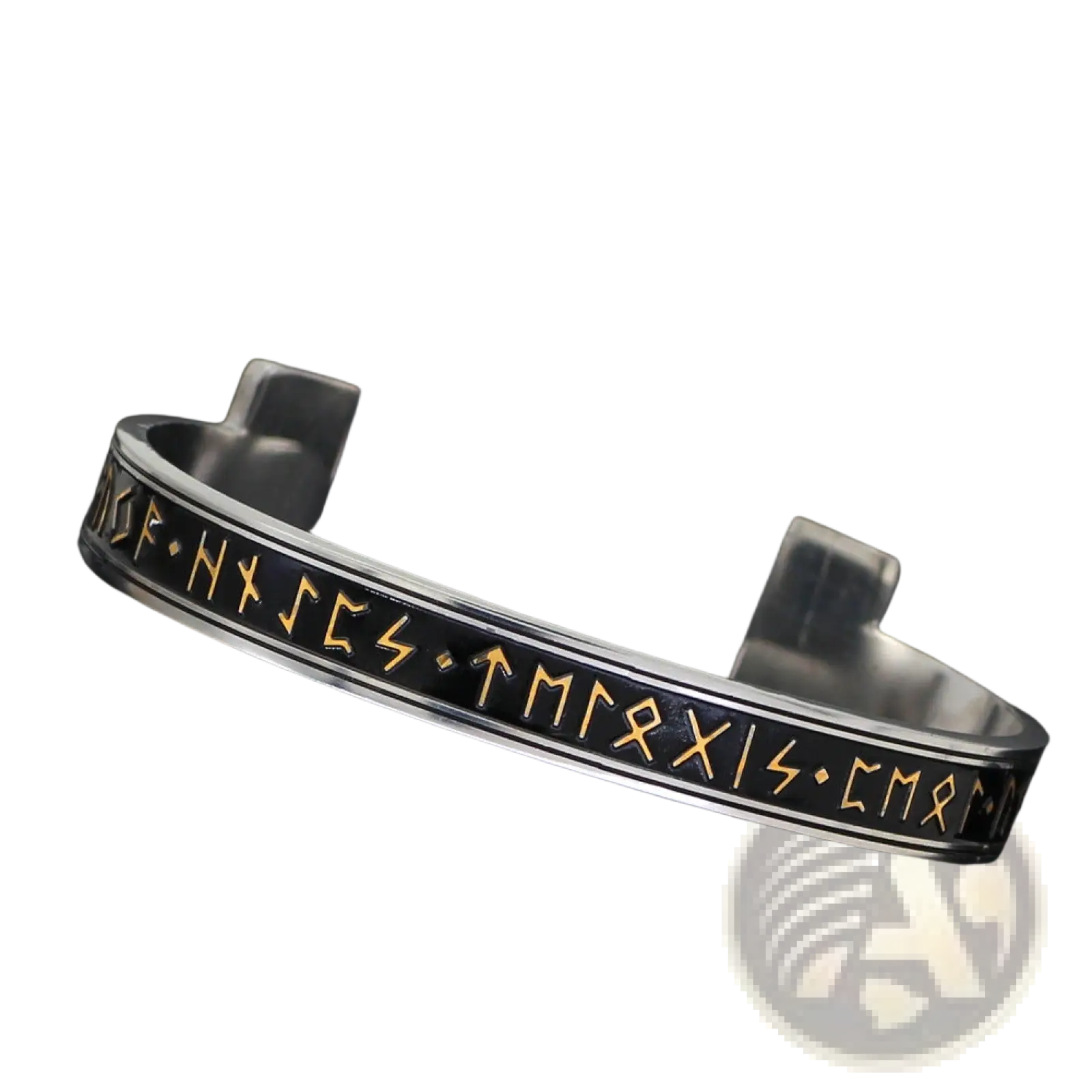 Adjustable viking rune titanium steel open cuff bracelet in silver metal with black inlay and gold-colored runic inscriptions