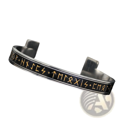 Adjustable viking rune titanium steel open cuff bracelet in silver metal with black inlay and gold-colored runic inscriptions