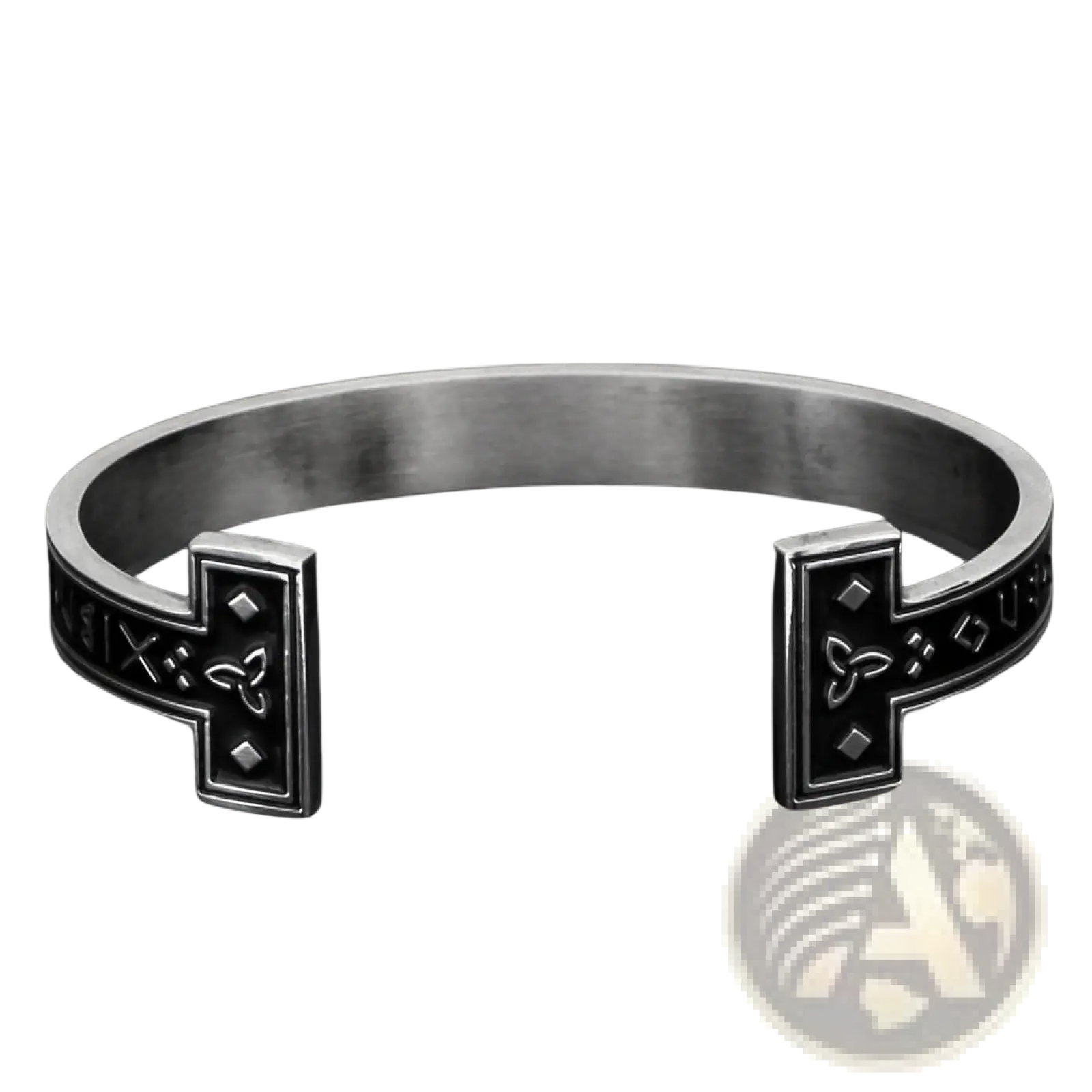 Silver-toned adjustable Viking rune titanium steel open cuff bracelet with intricate black-etched Norse runes and Celtic knots