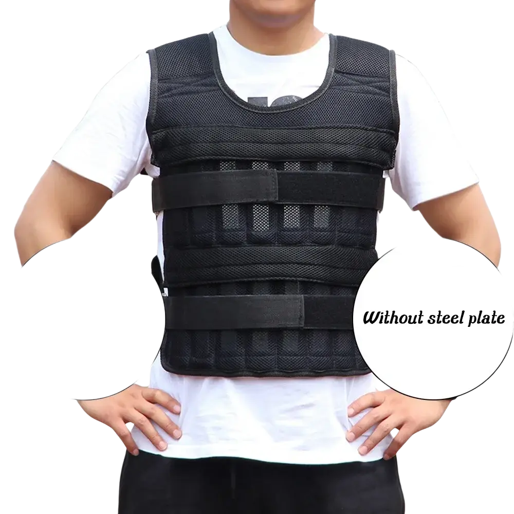 Black sandwich mesh weight vest with adjustable straps and padded sections for fitness training with weight blocks