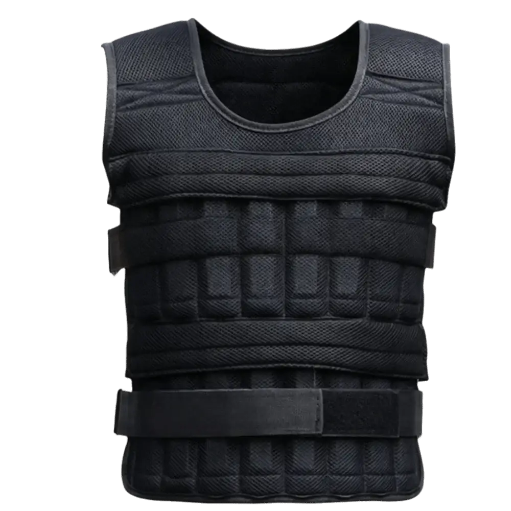 Black adjustable weight vest with sandwich mesh, padded compartments, and weight blocks for fitness training