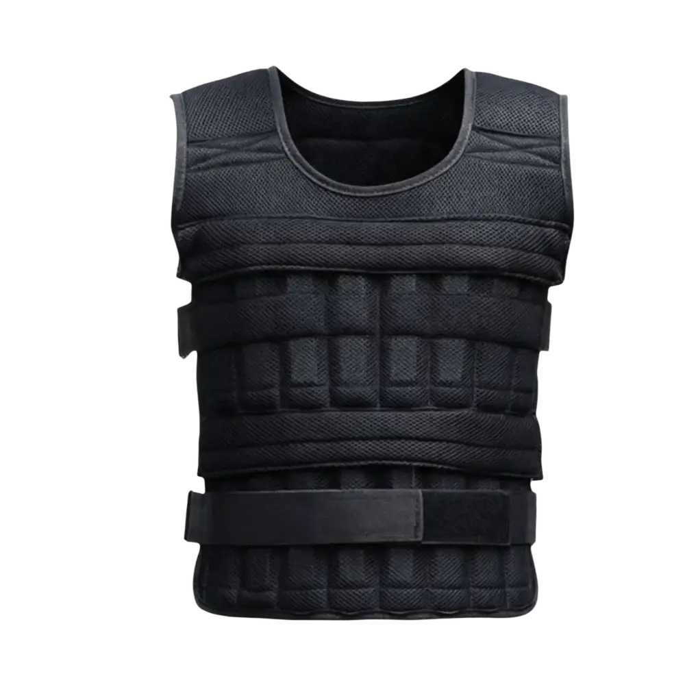 Black adjustable weight vest with sandwich mesh, padded design, weight blocks, and adjustable straps for fitness gear