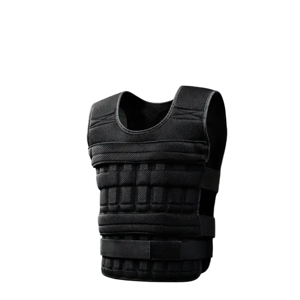 Black padded weight vest with sandwich mesh design, adjustable straps, and removable weight blocks for fitness training