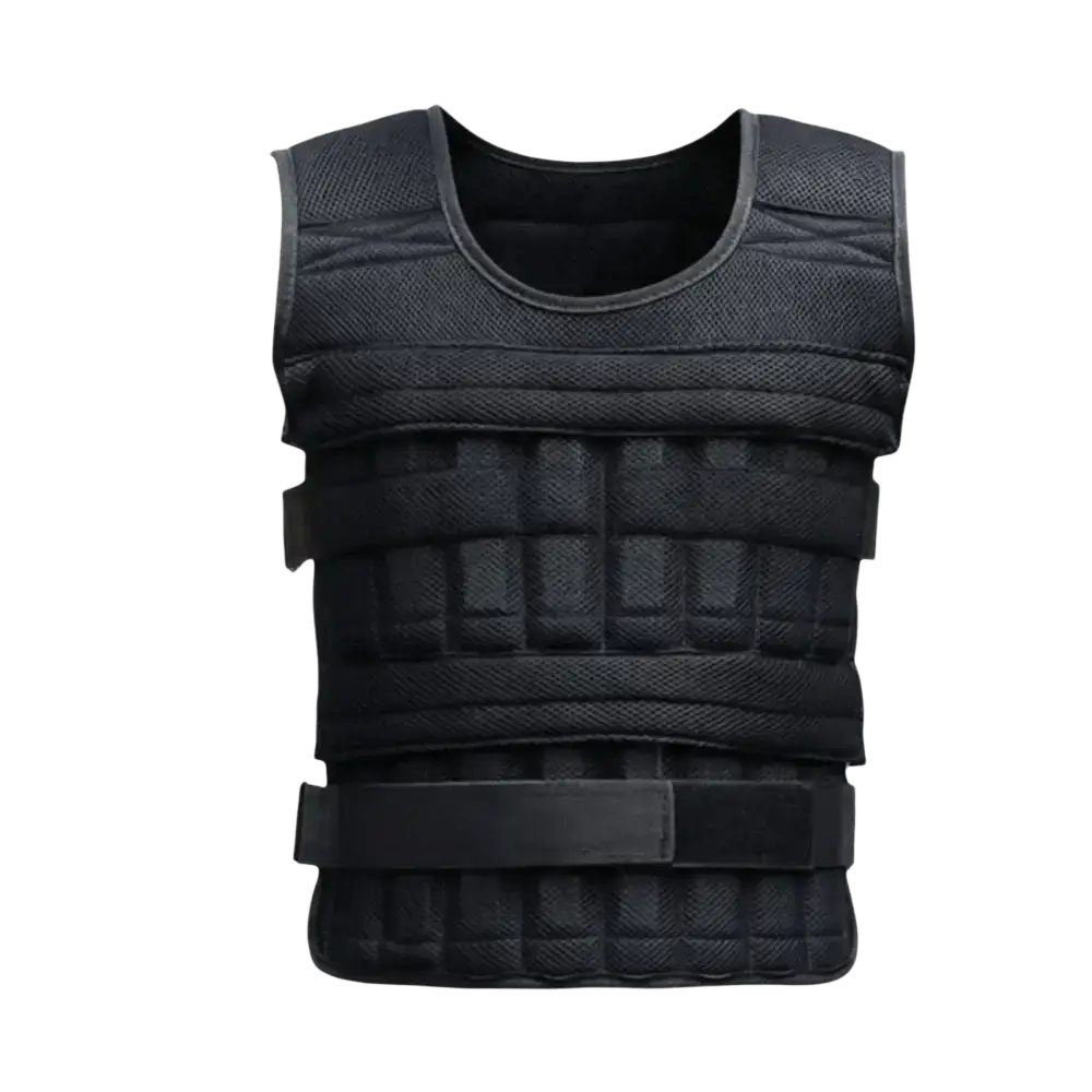 Black sandwich mesh weight vest with adjustable straps and padded sections for fitness training with weight blocks