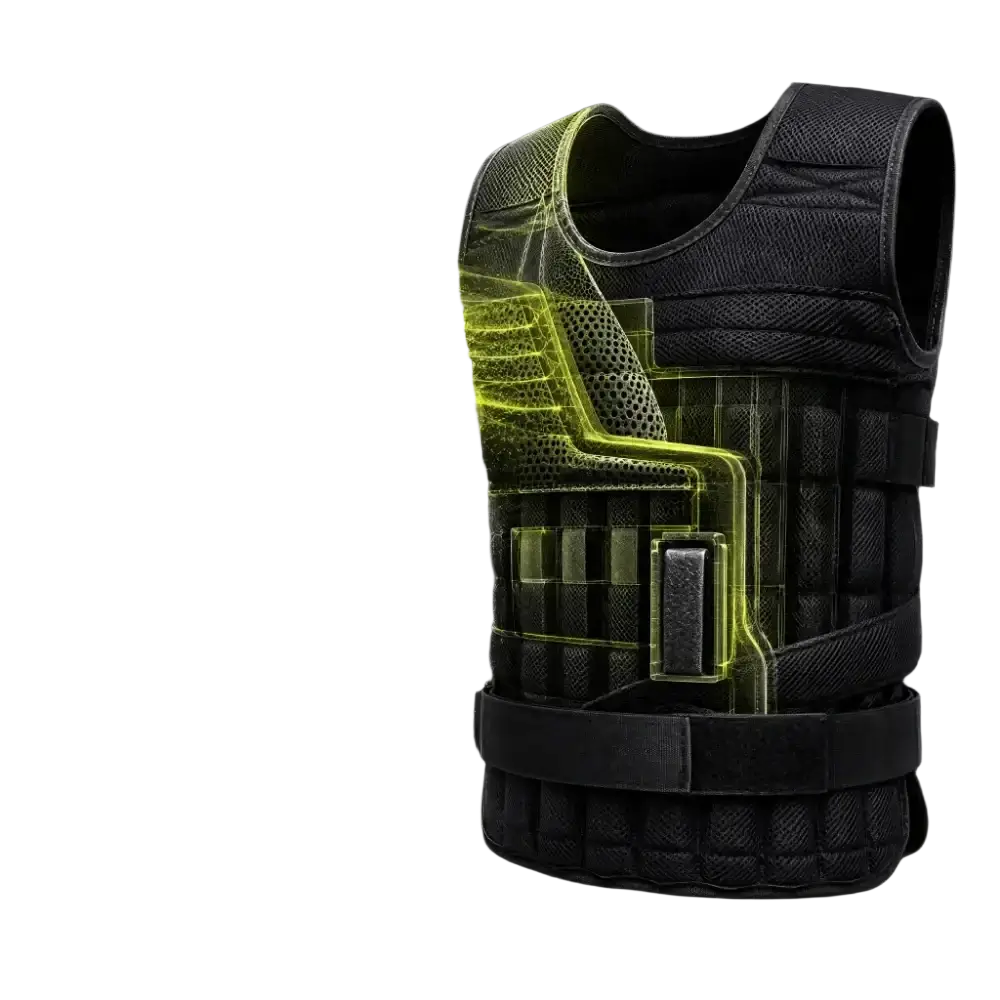 Black adjustable weight vest made of sandwich mesh with 32-slot weight blocks and strategic foam padding for fitness training