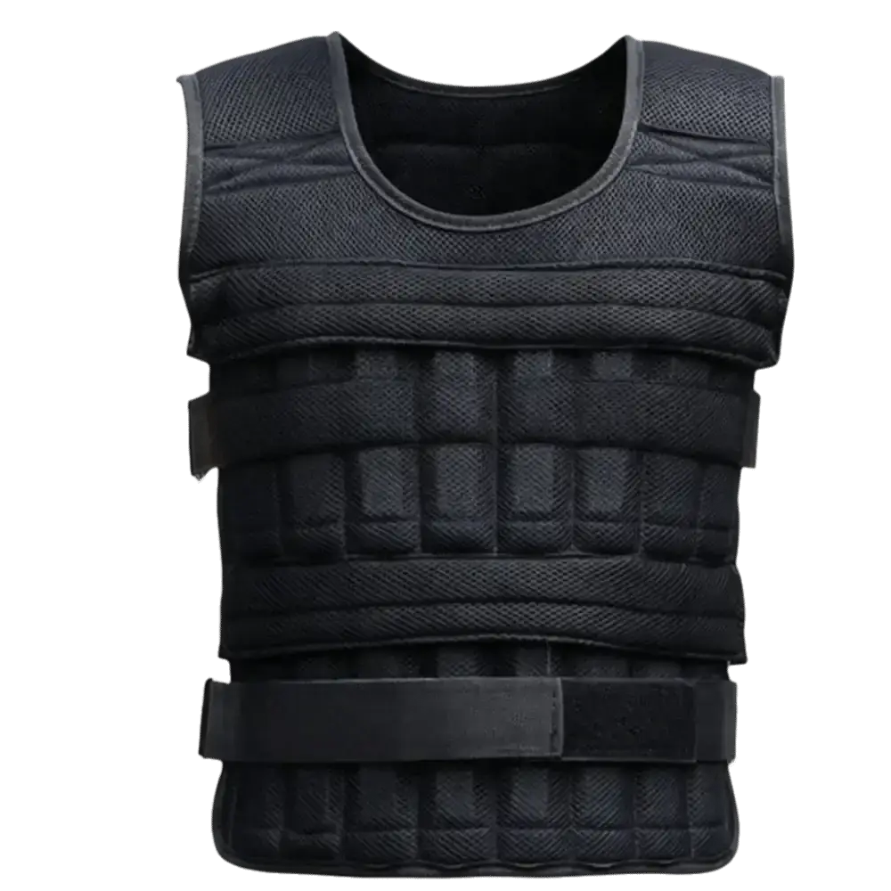 Adjustable black weight vest with sandwich mesh, padded compartments, and straps for fitness training with weight blocks