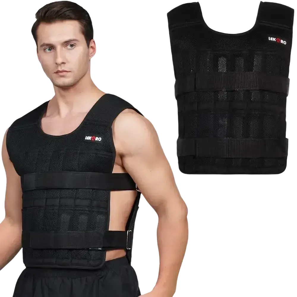 Adjustable black lekro weight vest with mesh panels and straps for strength training and weight bearing exercises